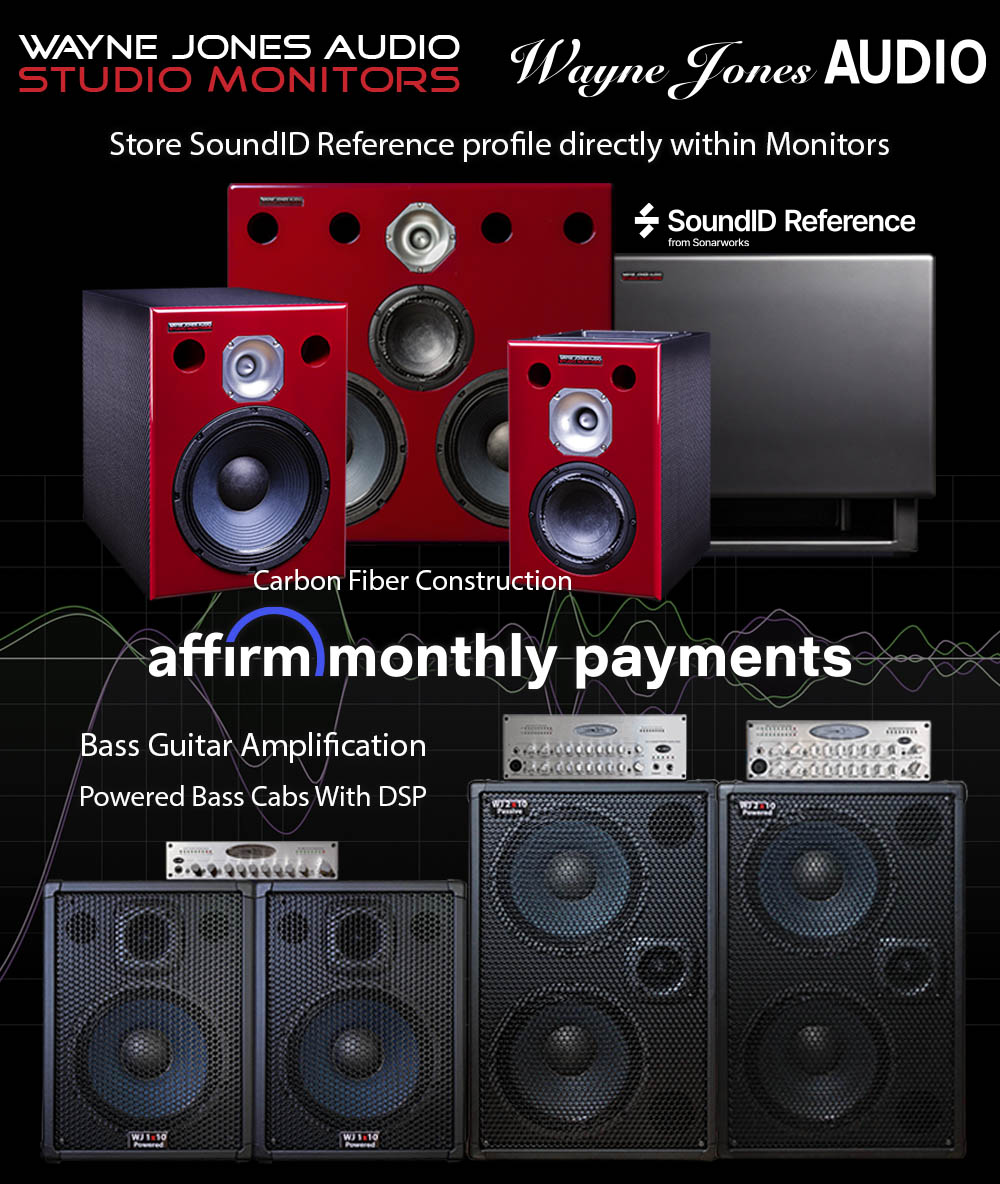 Wayne Jones Audio Powered Carbon Fiber Recording Studio Monitors, recording engineering, audio and film post production, Bass guitar Amplification, bass guitar speaker cabinets. Affirm monthly payment options.